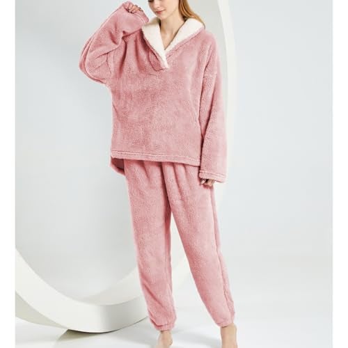 SeeLuNa Womens Fluffy Pajamas Set Fleece Pullover Pants Oversized Plush Sleepwear Cozy Fuzzy Loungewear Loose Warm Pjs SetsPinkS - Image 3