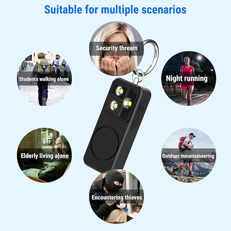 جهاز إنذار أمان قابل لإعادة الشحن عبر USB مع صفارة 150 ديسيبل و4 أوضاع إضاءة، مصباح أمان LED سلسلة مفاتيح للنساء، للطوارئ والجري الليلي، باللون الأسود - Image 3