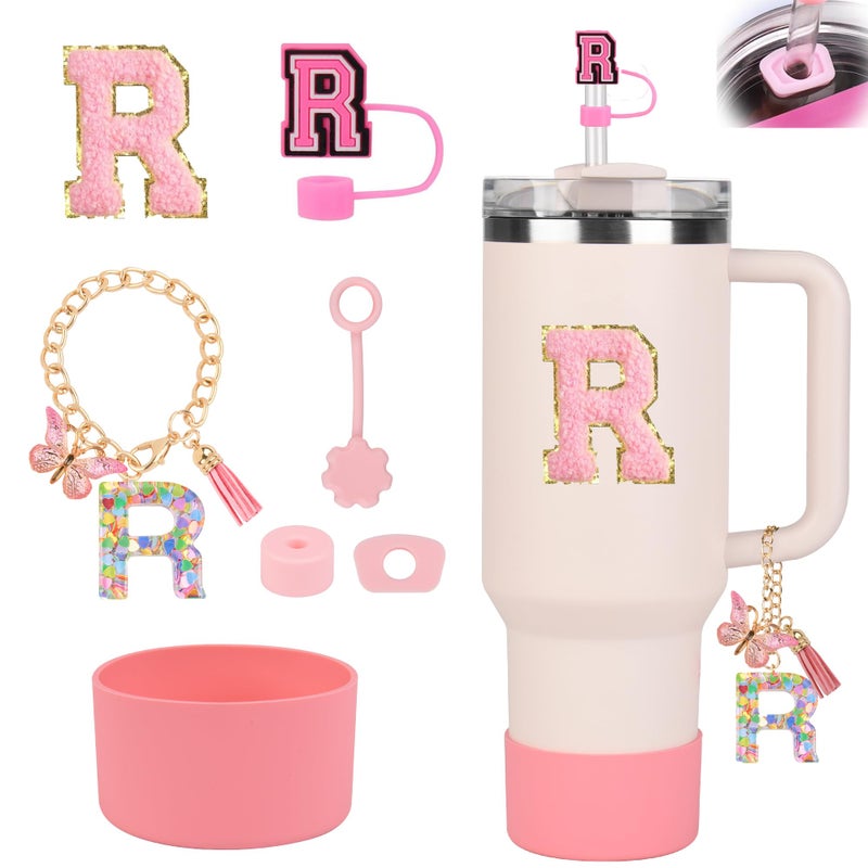 QUNNDY Stanley Cup Accessories Set for Stanley Cup 30oz 40oz Stanley Tumbler Accessories Including Silicone Straw Cover Cap and Boot Spill Proof Stopper Cute Letter Keychain Handle Charm Sticker R