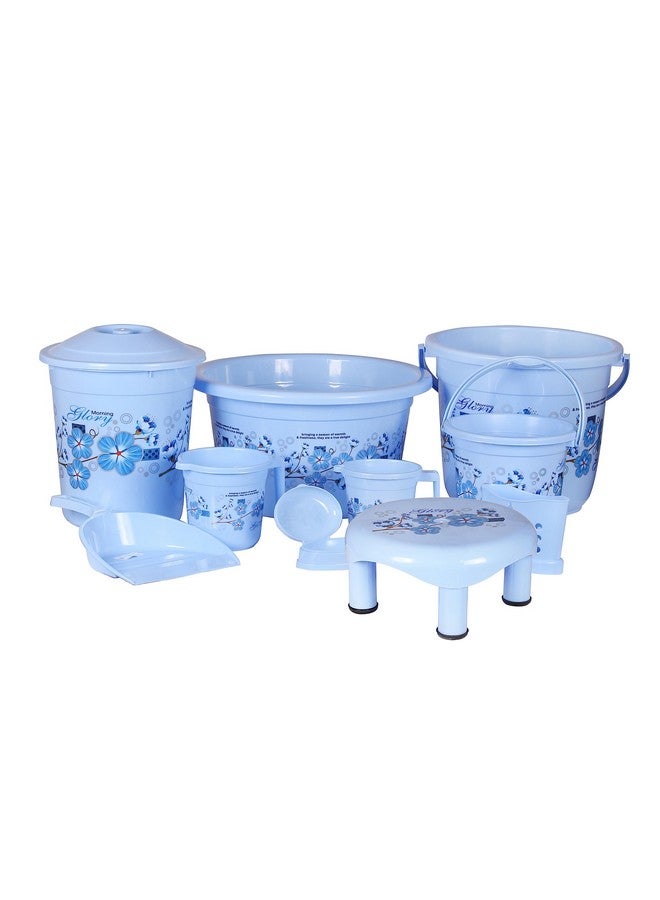 VeleSolv Virgin Plastic Heavy Duty, Large Capacity 16 L Bucket, 5 L Bucket, Patla, Deep Tub, Dustbin, 1.5 L Mug, 1 L Mug, Soap Case, Dustpan, Tooth Brush Stand Bathroom Set (Blue) - 10 Pieces - Image 1