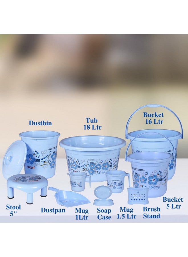 VeleSolv Virgin Plastic Heavy Duty, Large Capacity 16 L Bucket, 5 L Bucket, Patla, Deep Tub, Dustbin, 1.5 L Mug, 1 L Mug, Soap Case, Dustpan, Tooth Brush Stand Bathroom Set (Blue) - 10 Pieces - Image 2