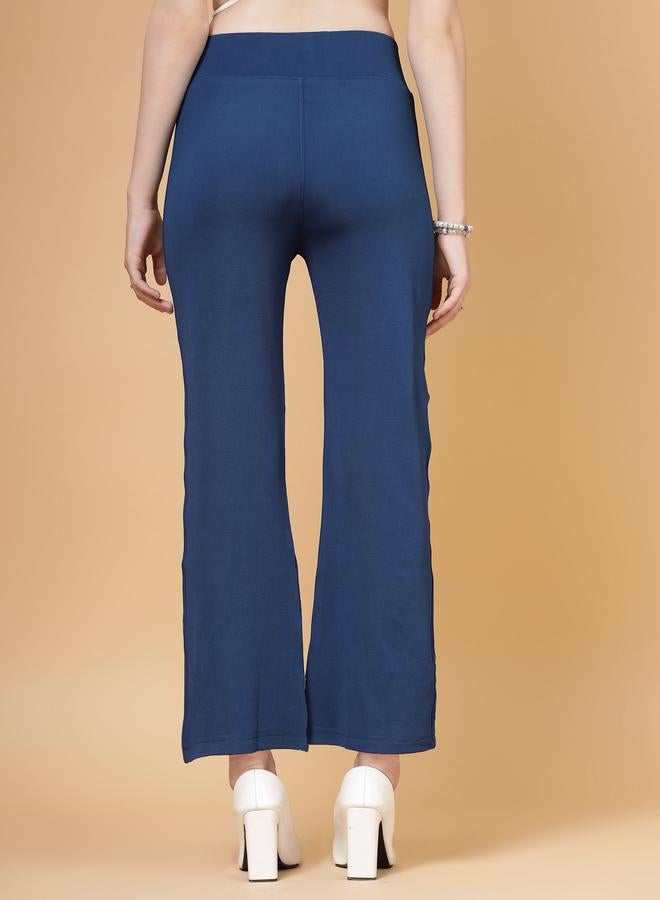 PAUSE PAUSE Women Blue Solid High-Rise Flared Pants - Image 4