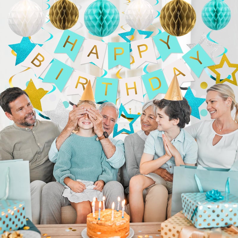 meowtastic Birthday Decorations, Happy Birthday Banner with Honeycomb Balls, Stars Hanging Swirls Streamers, Circle Dots Garland, Happy Birthday Party Decorations for Women Men Boys Girls (Mint) - Image 3