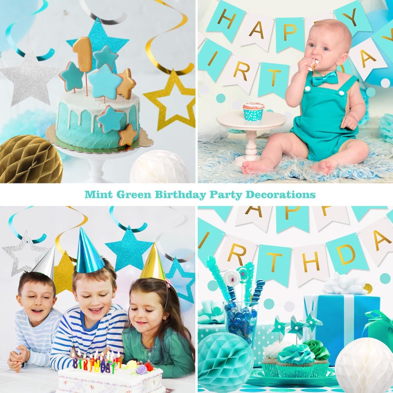 meowtastic Birthday Decorations, Happy Birthday Banner with Honeycomb Balls, Stars Hanging Swirls Streamers, Circle Dots Garland, Happy Birthday Party Decorations for Women Men Boys Girls (Mint) - Image 4