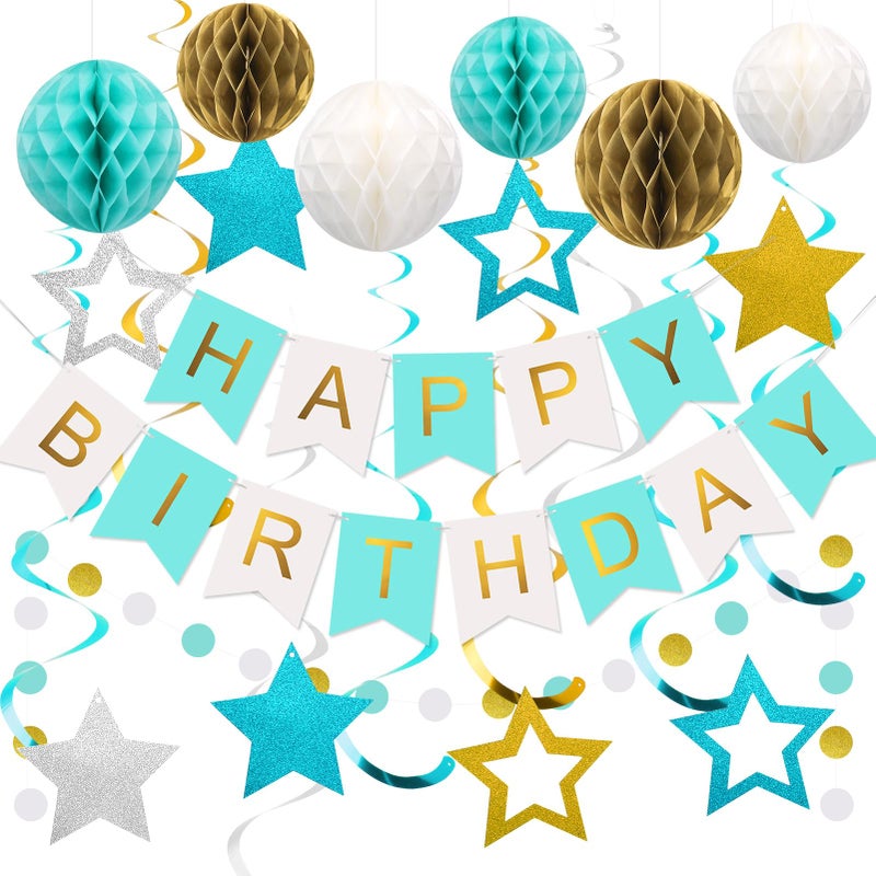 meowtastic Birthday Decorations, Happy Birthday Banner with Honeycomb Balls, Stars Hanging Swirls Streamers, Circle Dots Garland, Happy Birthday Party Decorations for Women Men Boys Girls (Mint) - Image 1