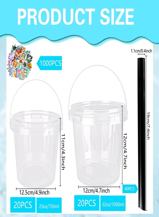 Medanera 40 Set Clear Drink Buckets with Lids and Straws Plastic Rum Buckets with 100 Summer Stickers Round 23 oz and 32 oz Pails for Holiday Beach Pool Bar Iced Drinks Ice Cream Cocktail - Image 2