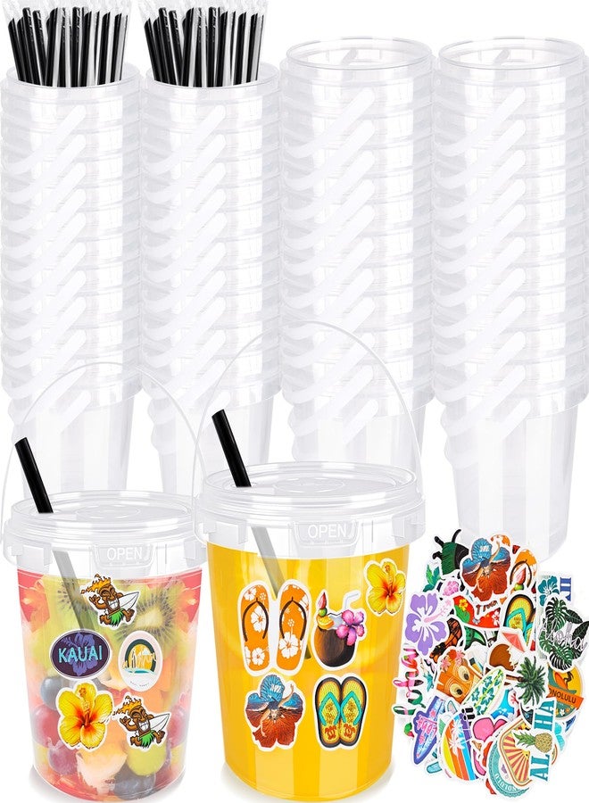 Medanera 40 Set Clear Drink Buckets with Lids and Straws Plastic Rum Buckets with 100 Summer Stickers Round 23 oz and 32 oz Pails for Holiday Beach Pool Bar Iced Drinks Ice Cream Cocktail - Image 1