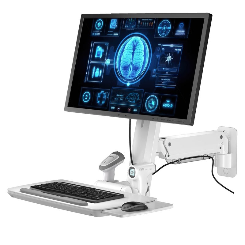 Mount Plus MED02 Medical Wall Mount Workstation with Folding Keyboard Tray Large Sliding Mouse Pad Height Adjustment Space Save Folding Design for 1735 Screen Scanner Holder