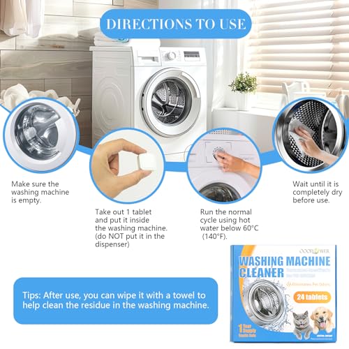 OOOFLOWER 24PC Washing Machine Cleaner Tablets, Formulated for Pet Owners, Pet Hair Remover, Deodorizer, Work with Top & Front Load, HE, Deep Cleaning Descaler, Removes Residue and Odors, Septic Safe - Image 3
