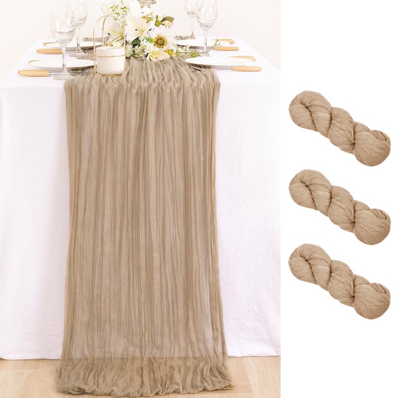 MLMC 3 Pack Nude Cheesecloth Table Runner 10ft Boho Rustic Gauze Taupe Cheese Cloth Table Runner Neutral Fall Decor 35x120 Inches for Wedding Reception Outdoor Party Decor