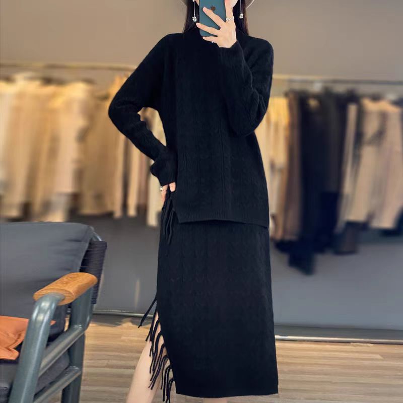 2024 autumn and winter new cashmere sweater womens half-high collar two-piece tassel skirt pullover wool sweater Black
