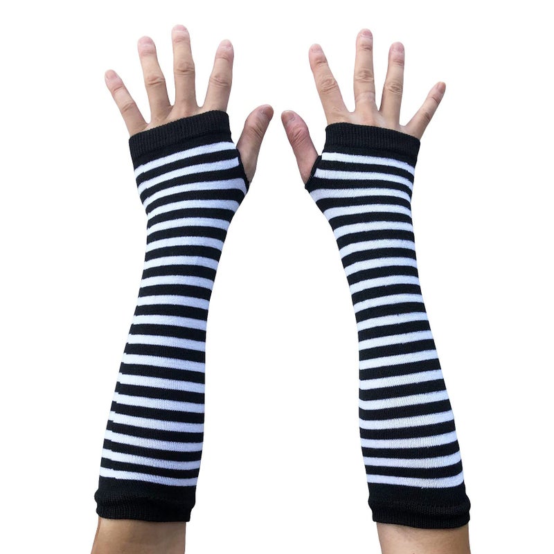 SYAYA Women Striped Long Fingerless Gloves, Winter Knitted Arm Warmers For Punk Rock/Cosplay/Goth/Christmas Party WM-S-G5 (White with Black Striped) - Image 1