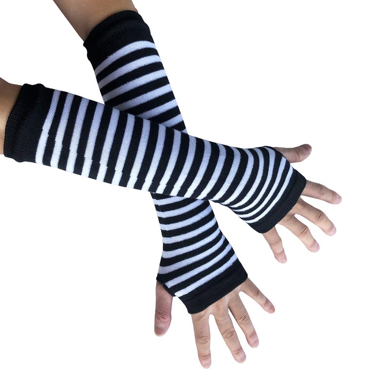 SYAYA Women Striped Long Fingerless Gloves, Winter Knitted Arm Warmers For Punk Rock/Cosplay/Goth/Christmas Party WM-S-G5 (White with Black Striped) - Image 3