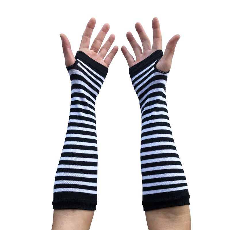 SYAYA Women Striped Long Fingerless Gloves, Winter Knitted Arm Warmers For Punk Rock/Cosplay/Goth/Christmas Party WM-S-G5 (White with Black Striped) - Image 2