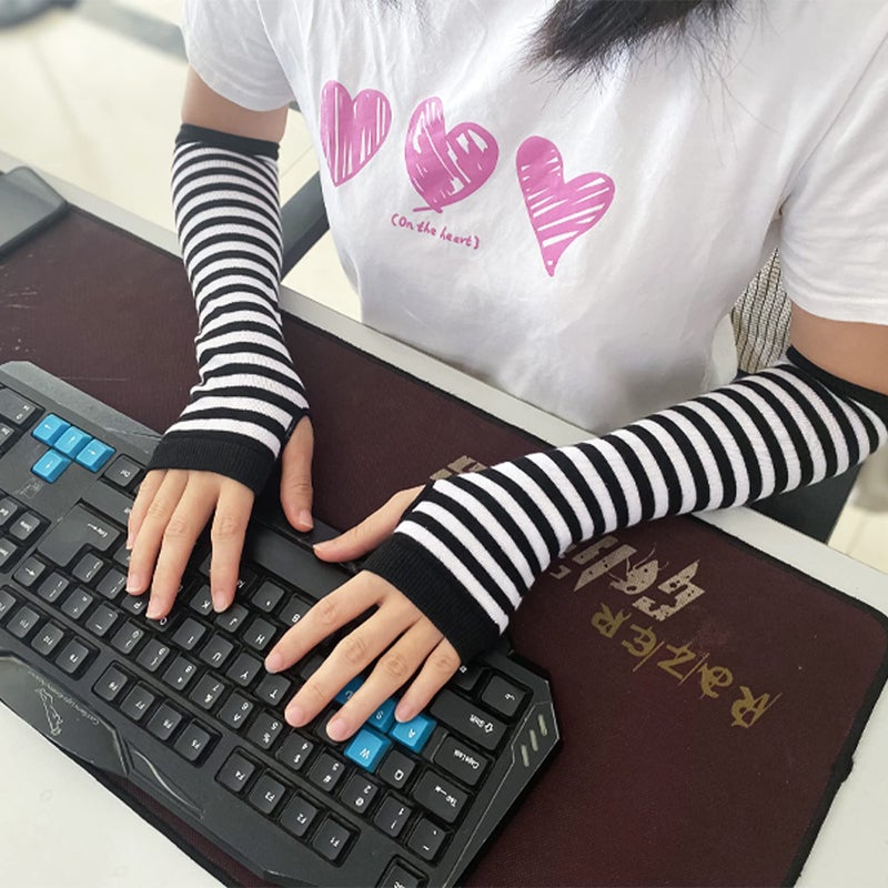 SYAYA Women Striped Long Fingerless Gloves, Winter Knitted Arm Warmers For Punk Rock/Cosplay/Goth/Christmas Party WM-S-G5 (White with Black Striped) - Image 4