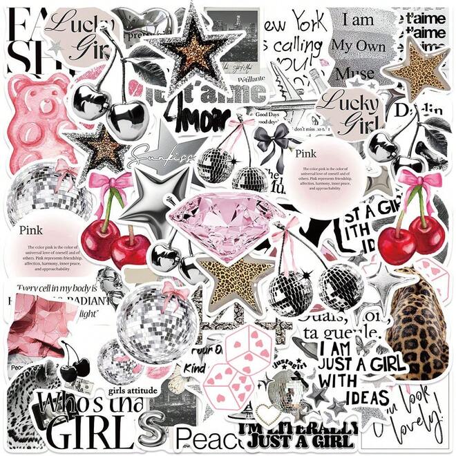 50pcs Silver Lucky Stickers, Aesthetic Stickers, Y2K Stickers, Y2K Core Stickers, Y2K Gifts, Retro Stickers, 90s Stickers, Waterproof Vinyl Stickers Suitable For Envelopes, Water Bottles, Computers, Laptops, Phones, Luggage, Notebooks, Fridges