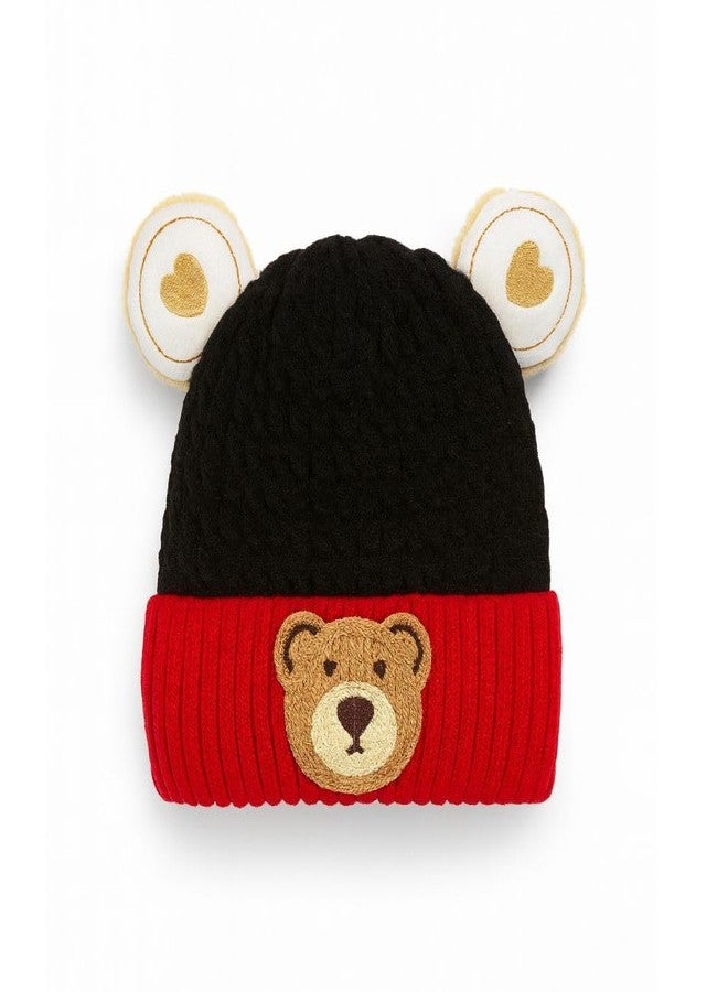 FAMWRAPZ Adorable Toddler Bear Beanie Hat with 3D Ears | Soft Fleece Lined Knit Cap with Faux Fur & Embroidered Face for Boys & Girls Winter Warmth Black - Image 1