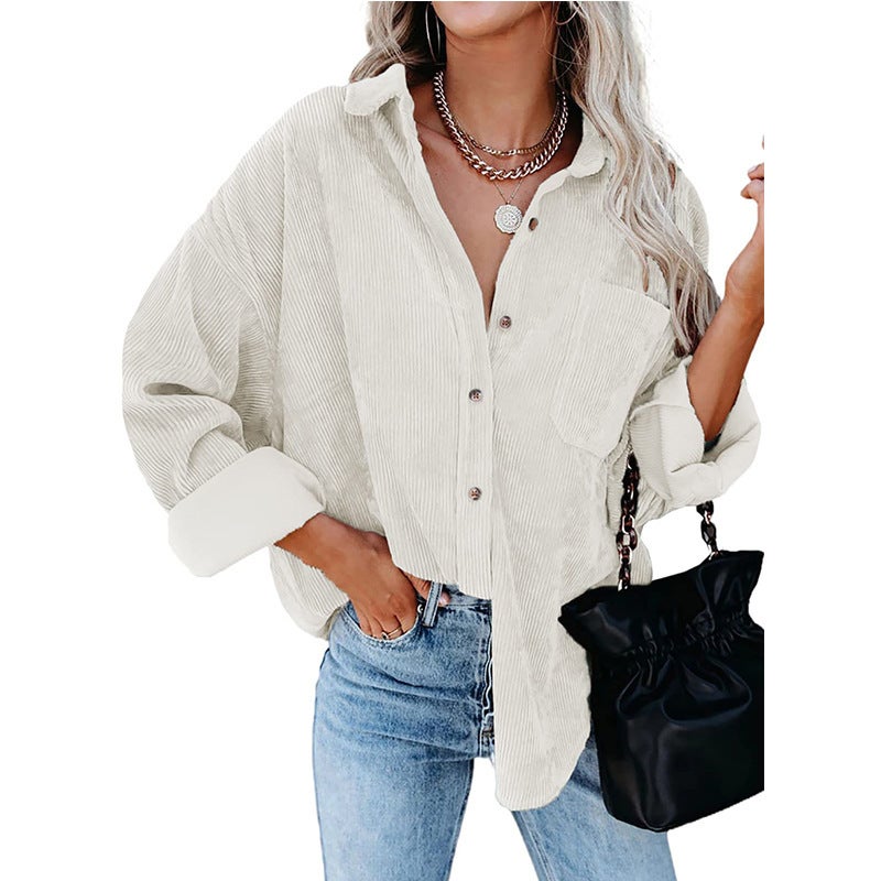 Autumn and Winter Womens Cross-border European and American Foreign Trade Oversize Loose Casual Corduroy Shirt Women Camel - Image 3