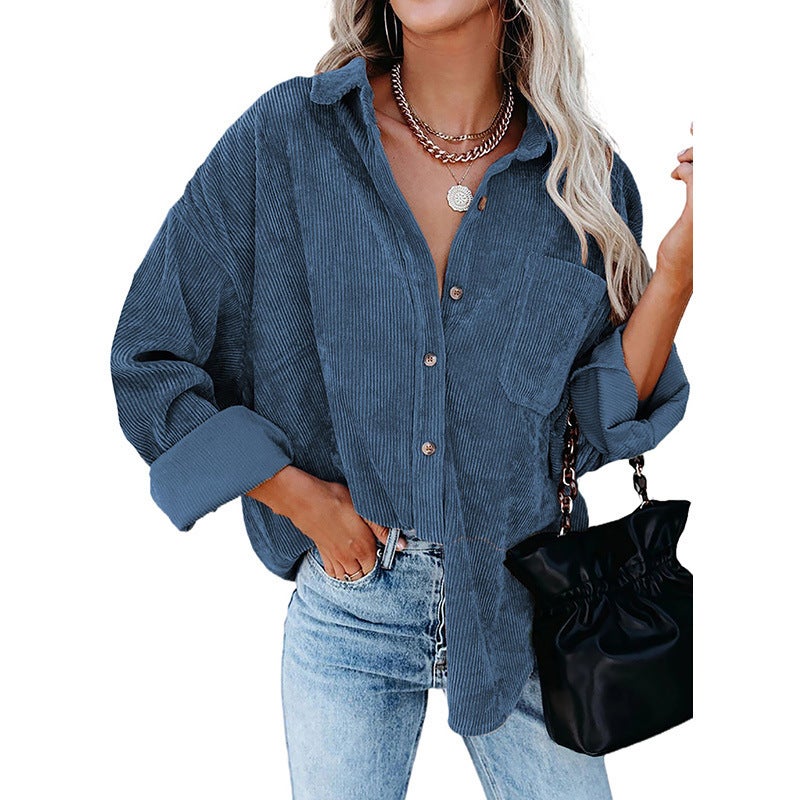 Autumn and Winter Womens Cross-border European and American Foreign Trade Oversize Loose Casual Corduroy Shirt Women Camel - Image 5