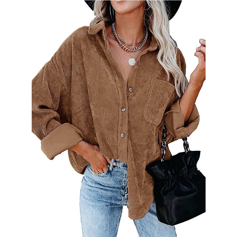 Autumn and Winter Womens Cross-border European and American Foreign Trade Oversize Loose Casual Corduroy Shirt Women Camel - Image 1