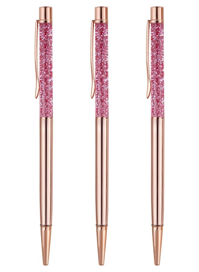 RANBOS 3 Pack Rose Gold Ballpoint Pens Glitter Pen Flower Cute Bling Liquid Sand Pen Black Ink Journaling Gift Pens For Women Girls Christmas Wedding Birthday (Color A) - Image 1