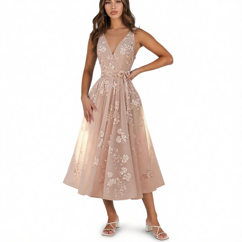 Elegant Printed Waist Tie Dress