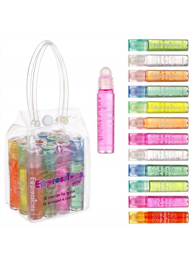 Expressions Girl 12pc Roll On Lip Gloss Set with Carrying Case, Glossy Lip Make-up for Kids and Teens - Fruity Flavors, Non Toxic, Kid Friendly, Party Gift, Best Friends - Image 1