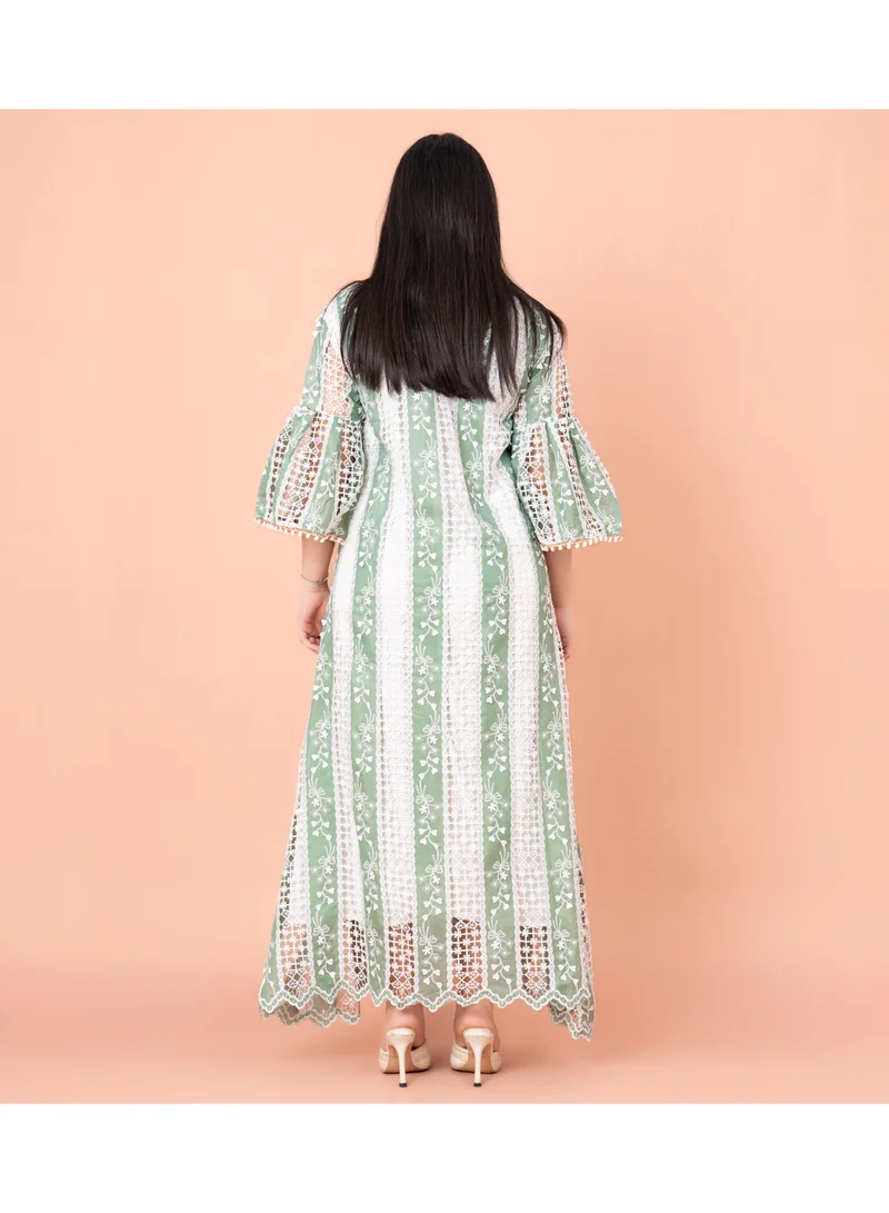 IKKXA Embroidered Green Striped Fustan IKF1017 Green