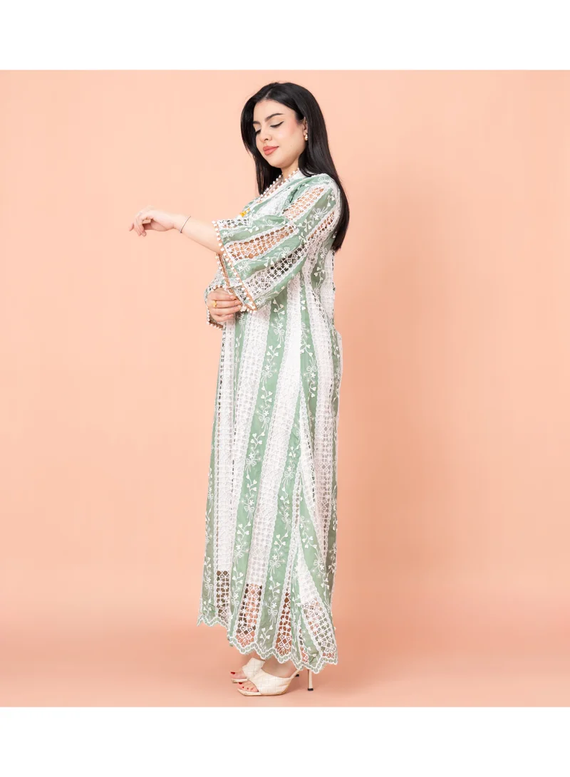 IKKXA Embroidered Green Striped Fustan IKF1017 Green