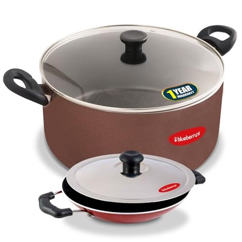 Blueberry's 𝟮𝟬𝟮𝟱 𝗠𝗲𝗴𝗮 𝗖𝗼𝗺𝗯𝗼 8-Litre 30-cm Heavy Nonstick Biriyani Pot Handi Cooking Pot with Glass Lid & 𝐅𝐑𝐄𝐄 Nonstick 20-cm Appachatty with Lid- High Grade Aluminum, 4mm Thickness - Image 1