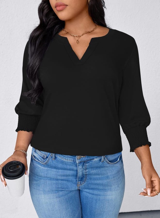 TFSDOD Womens Plus Size Tops 3/4 Sleeve Blouses Summer V Neck Shirts Smocked Cuffs Spring Outfits 1X-5X, Black, XXL Plus - Image 5