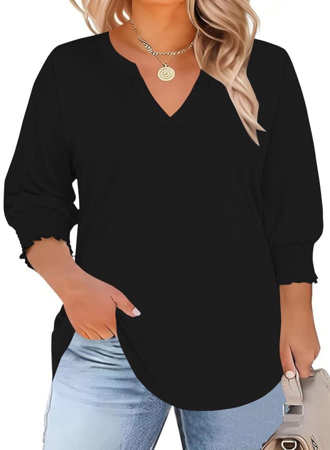 TFSDOD Womens Plus Size Tops 3/4 Sleeve Blouses Summer V Neck Shirts Smocked Cuffs Spring Outfits 1X-5X, Black, XXL Plus - Image 1