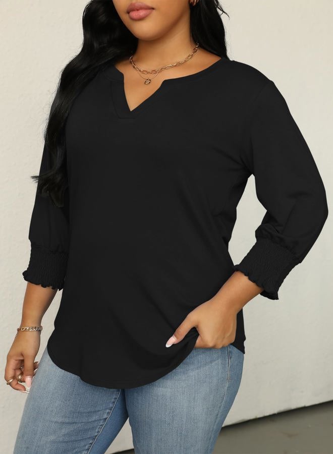 TFSDOD Womens Plus Size Tops 3/4 Sleeve Blouses Summer V Neck Shirts Smocked Cuffs Spring Outfits 1X-5X, Black, XXL Plus - Image 2