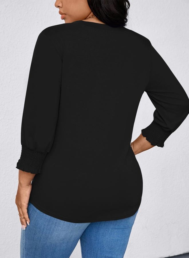 TFSDOD Womens Plus Size Tops 3/4 Sleeve Blouses Summer V Neck Shirts Smocked Cuffs Spring Outfits 1X-5X, Black, XXL Plus - Image 3