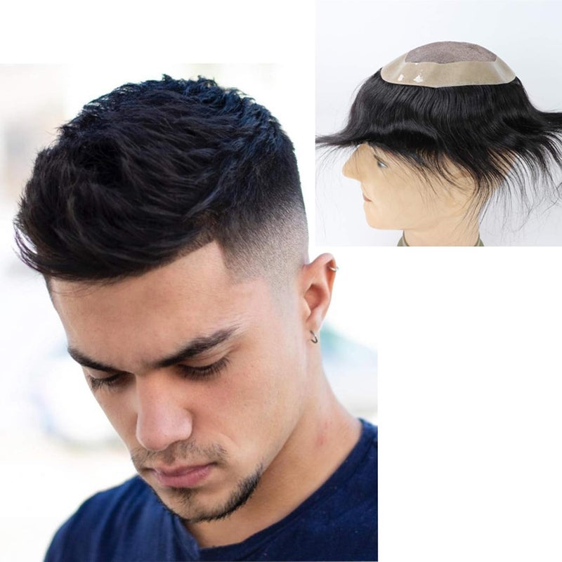 Toupee for Men Hair Unit Wig for Men Mono Lace Mens Wig Man Toupee Real Human Hair Pieces Men 1B Off Black Color Man Hair Unit 5x7inch Lumeng