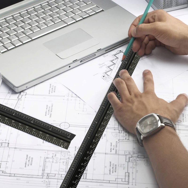DAGONGREN Architectural Scale Ruler for Blueprint, 12'' Metric Metal Engineers Triangle Drafting Ruler with Imperial Measurements for Architects Engineering, Artists, Draftsman Drawing, Laser-Etched Markings - Image 5