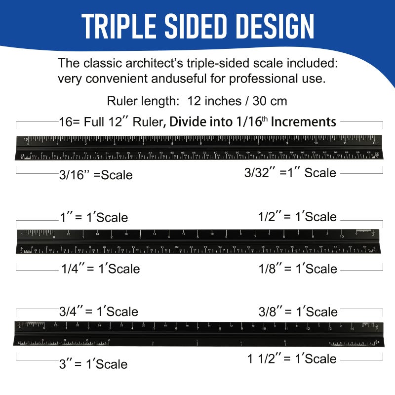 DAGONGREN Architectural Scale Ruler for Blueprint, 12'' Metric Metal Engineers Triangle Drafting Ruler with Imperial Measurements for Architects Engineering, Artists, Draftsman Drawing, Laser-Etched Markings - Image 3