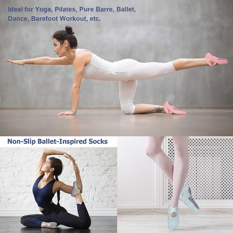 Ozaiic Pilates Socks for Women Non Slip Grip, Yoga Socks with Grippers for Barre, Hospital, Ballet, Dance, Barefoot Workout (3 Pairs-Gray/Green/Pink, One Size (Women 5.5-11)) - Image 3