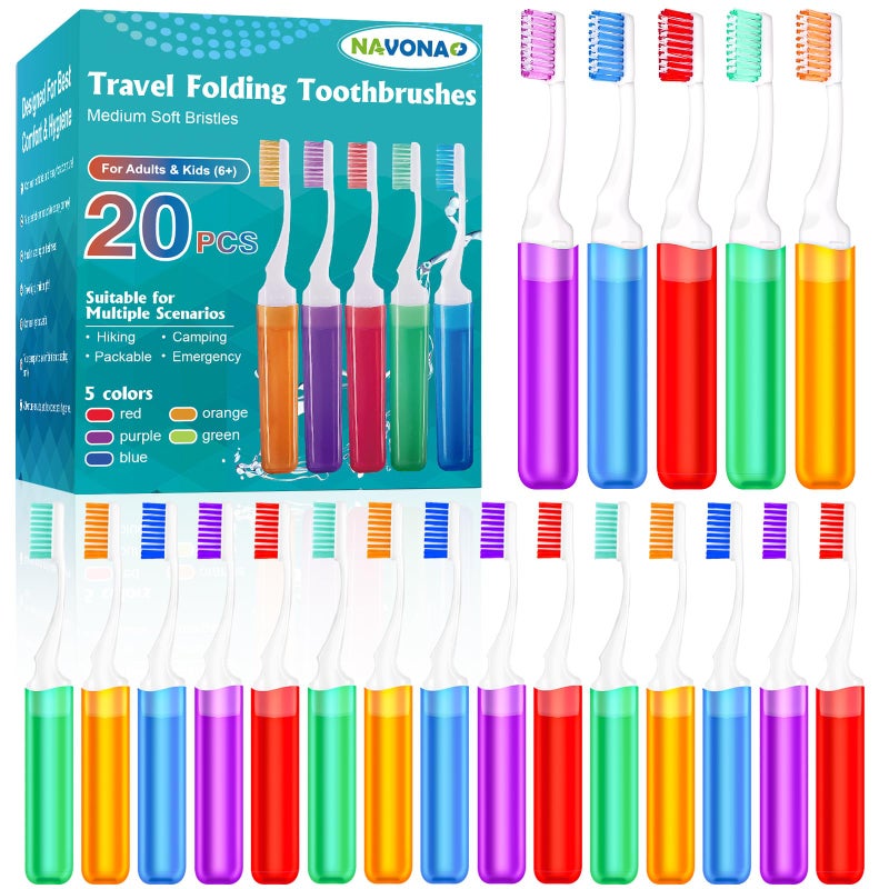 Navona 20 PCS Travel Toothbrush Set Folding Mini Toothbrush Potable Travel Size Toothbrushes Medium Bristles Individually Wrapped Bulk Toothbrushes for Camping Hiking School