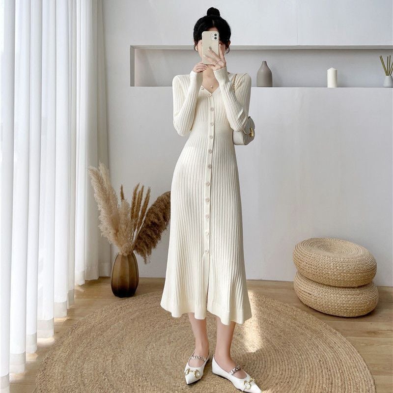 Autumn Winter White Knit Sweater Dress Creamy-white - Image 1