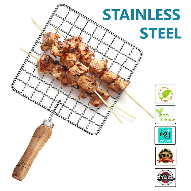 LSARI Steel Size 17 cm Square Papad Roaster Chapati Roti Jali Barbeque Grill with Wooden Handle (1 Pc) - Image 2