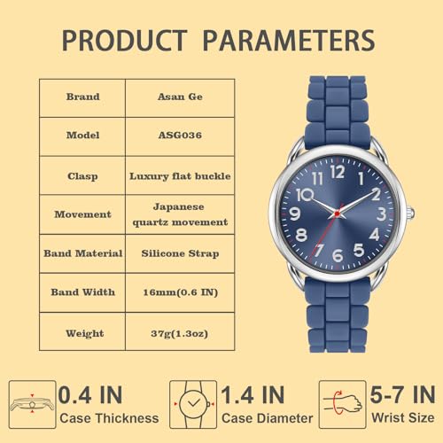 Asan Ge 36MM Women's Watch - Comfortable Silicone Band, 3ATM Water Resistant, Scratch Resistant, Accurate Japanese Quartz - Stylish & Reliable,Women's Wrists Large Face Watch Easy to Read (Blue) - Image 4