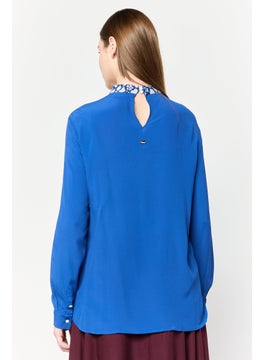 Harmont & Blaine Women Round Neck Long Sleeves Textured Blouse, Blue  - Image 3