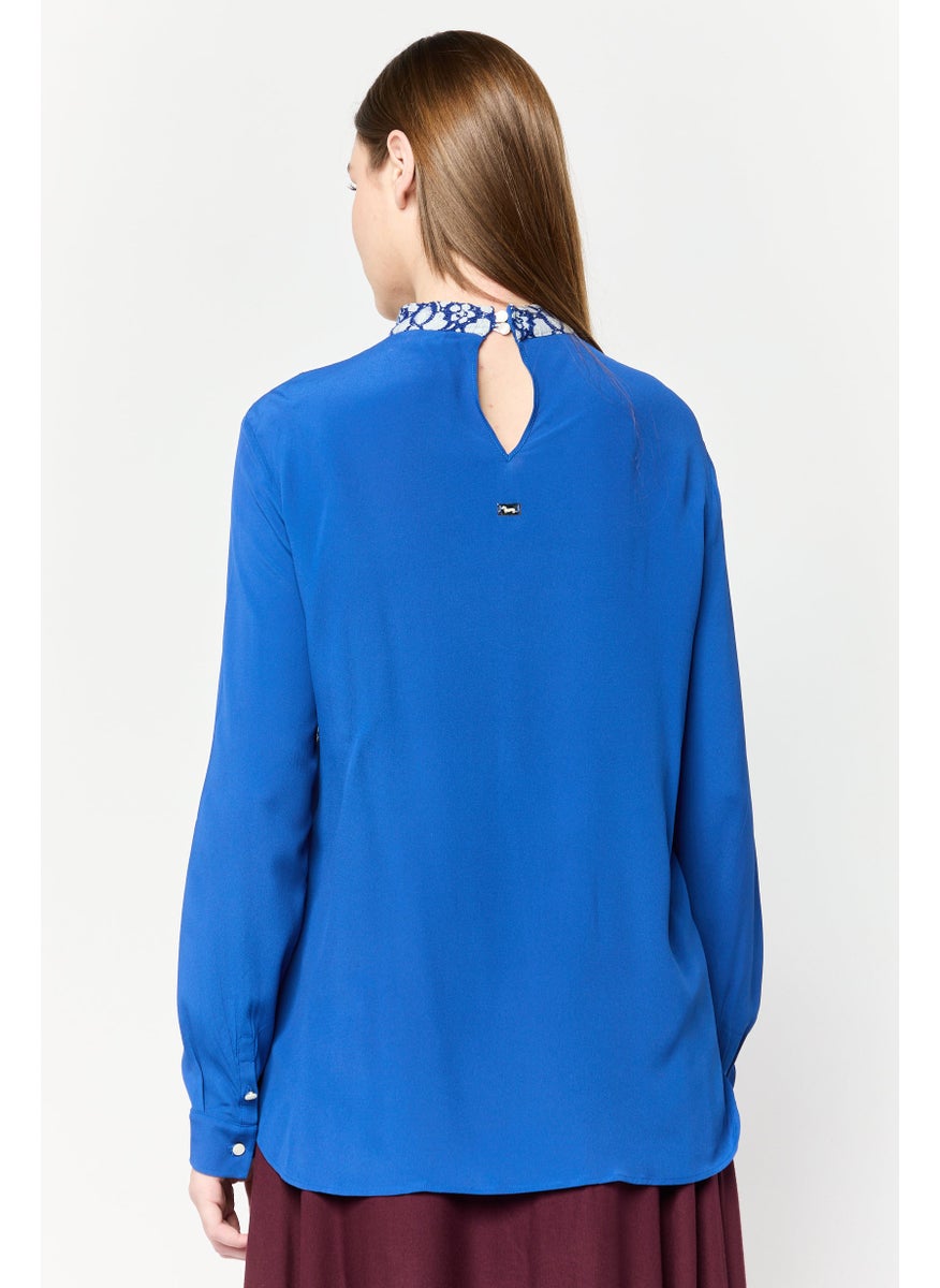 Harmont & Blaine Women Round Neck Long Sleeves Textured Blouse, Blue  - Image 3