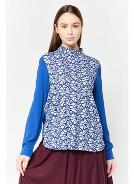 Harmont & Blaine Women Round Neck Long Sleeves Textured Blouse, Blue  - Image 1