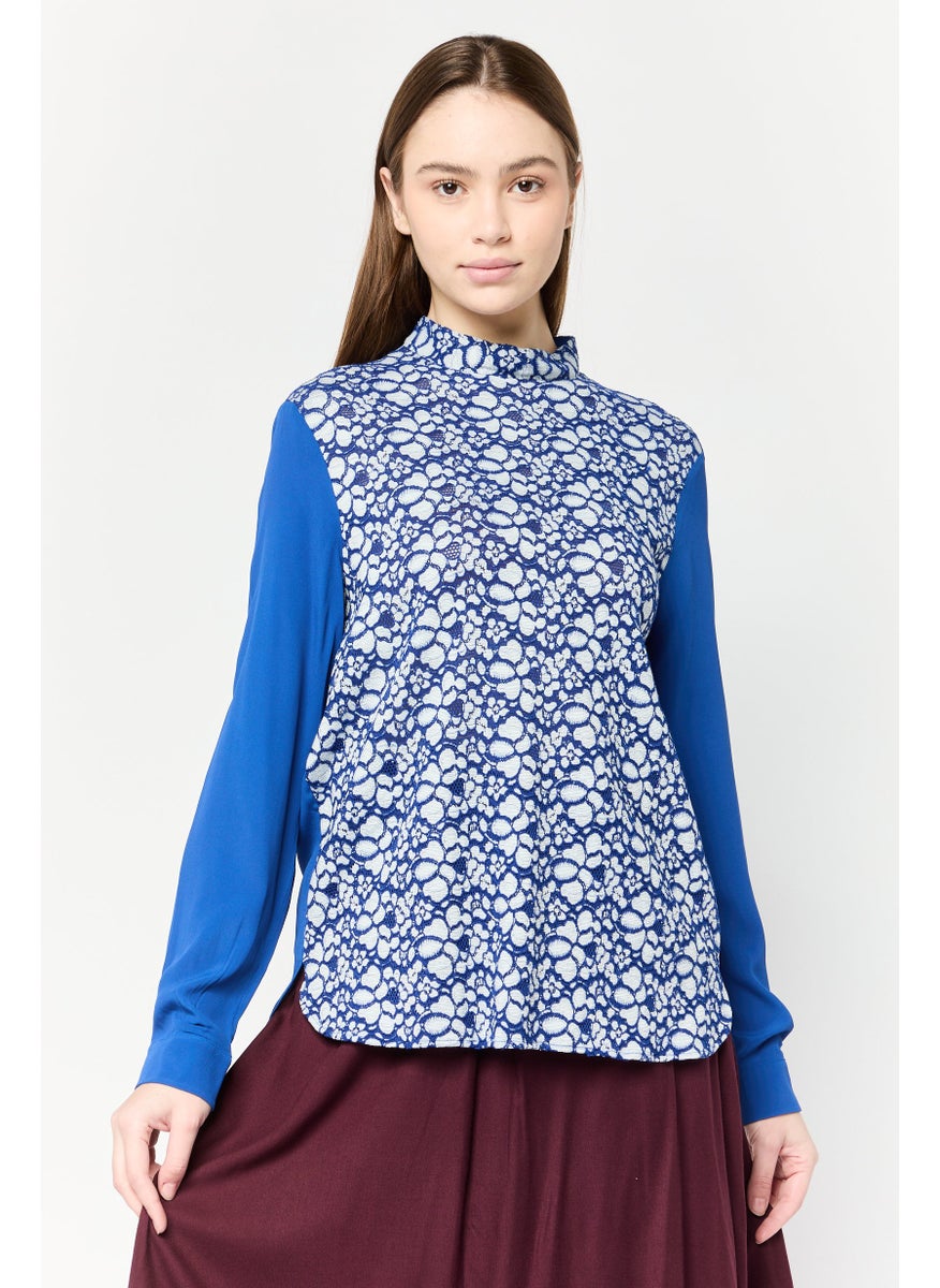 Harmont & Blaine Women Round Neck Long Sleeves Textured Blouse, Blue  - Image 1