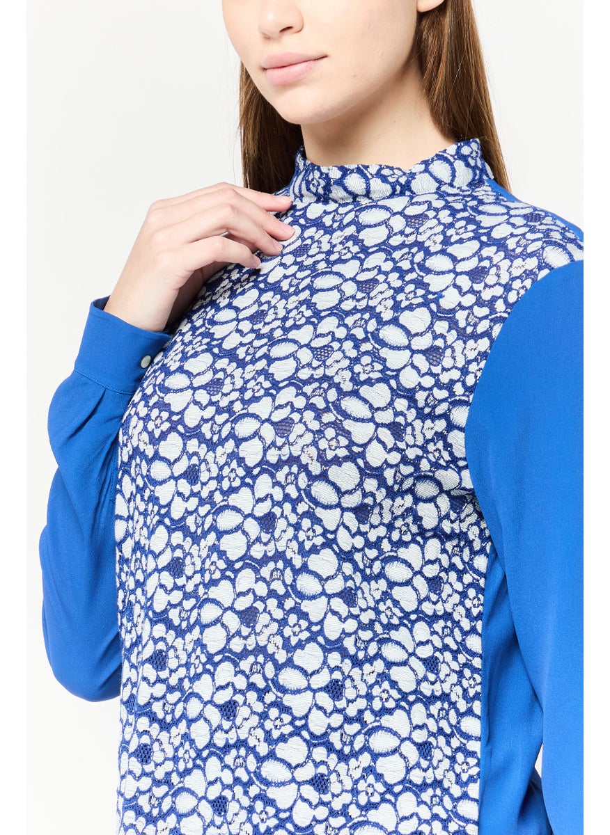 Harmont & Blaine Women Round Neck Long Sleeves Textured Blouse, Blue  - Image 4