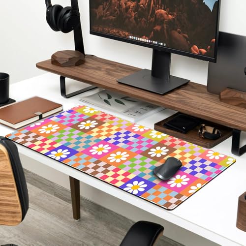 YKJWW Pink Desk Mat Trendy Checkered Aesthetic Desk Pad Computer Large Mouse Pad Aesthetic Desk Accessories Office Gifts for Her Cute Keyboard and Mouse Pad Desk Computer Mat 31.5 X 11.8 in - Image 3