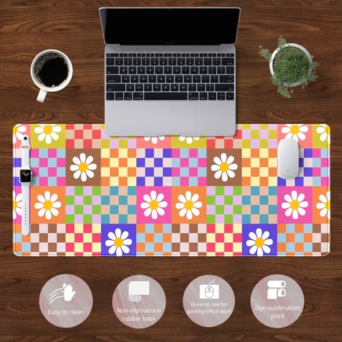 YKJWW Pink Desk Mat Trendy Checkered Aesthetic Desk Pad Computer Large Mouse Pad Aesthetic Desk Accessories Office Gifts for Her Cute Keyboard and Mouse Pad Desk Computer Mat 31.5 X 11.8 in - Image 2