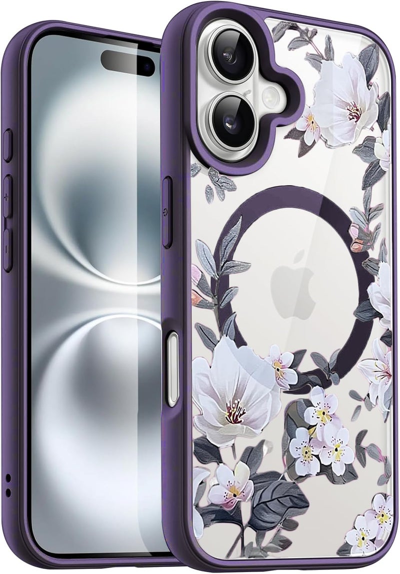 VONZEE Compatible with iPhone 16 Case Luxury Retro Flowers Floral Clear for Magnetic Wireless Charging Case Shockproof Case PC+TPU Cute Glossy Shiny Cover for Girls Women, 6.1'' Deep Purple - Image 1